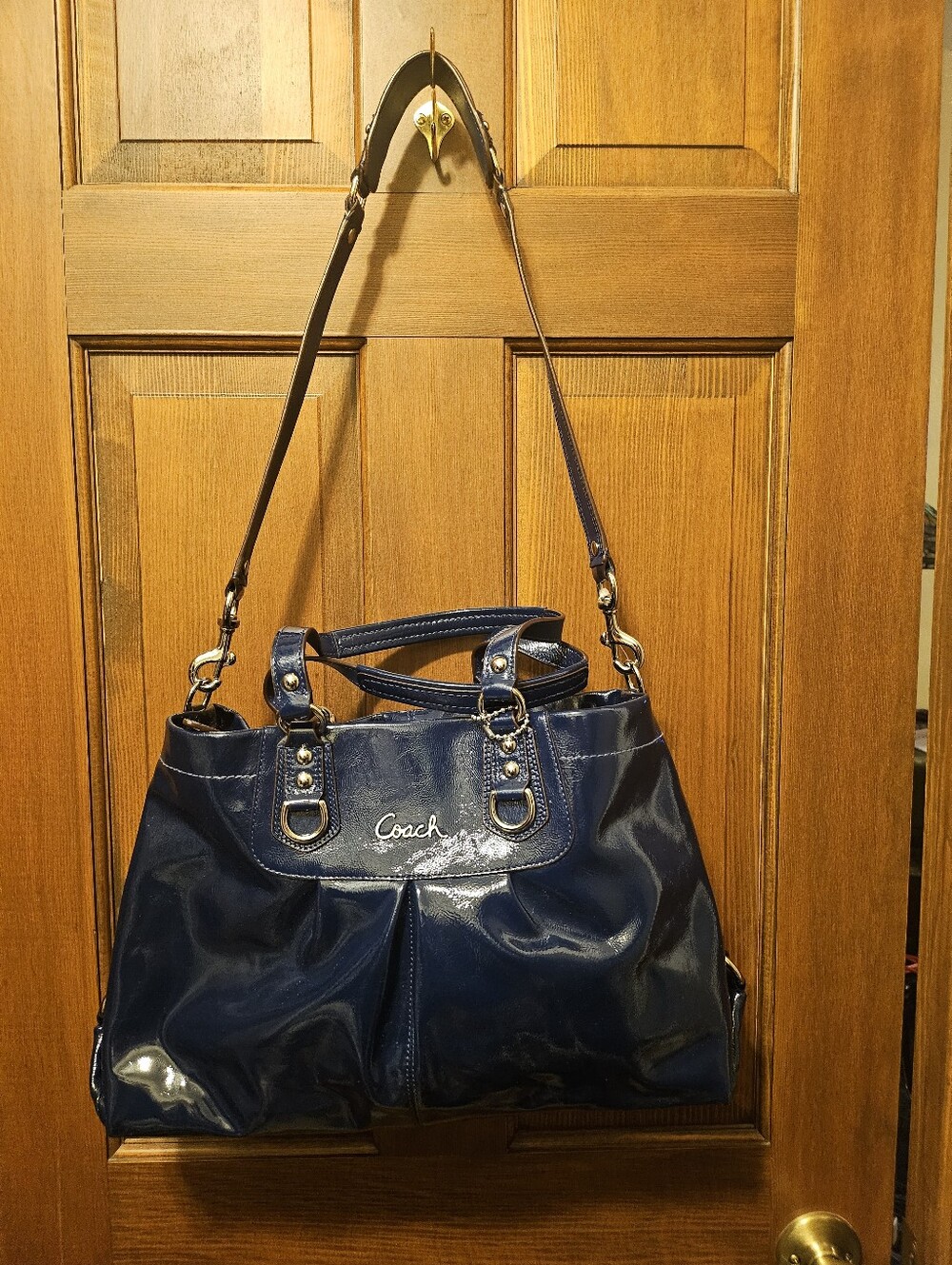 Coach Navy Patent Leather Shoulder Tote with Adjustable Strap